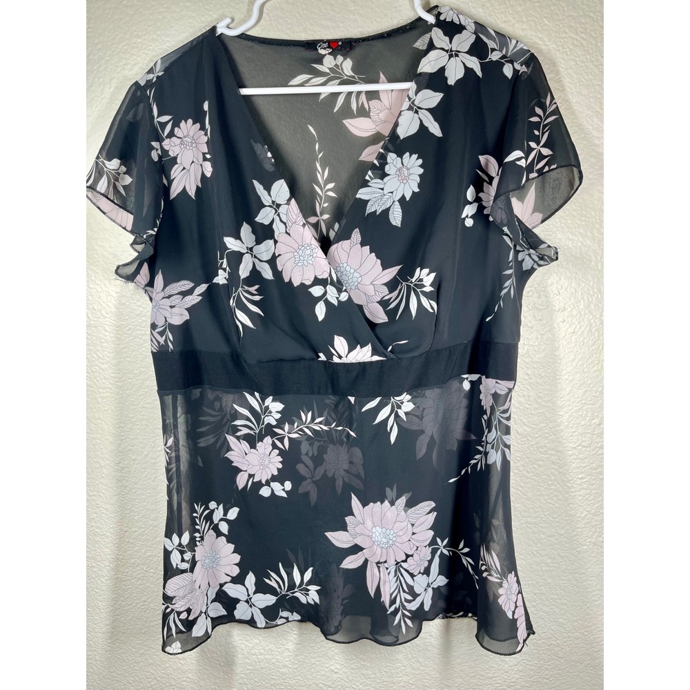One Heart Floral Sheer V Neck Flutter Sleeve Boho Blouse Top Women's Sz XL